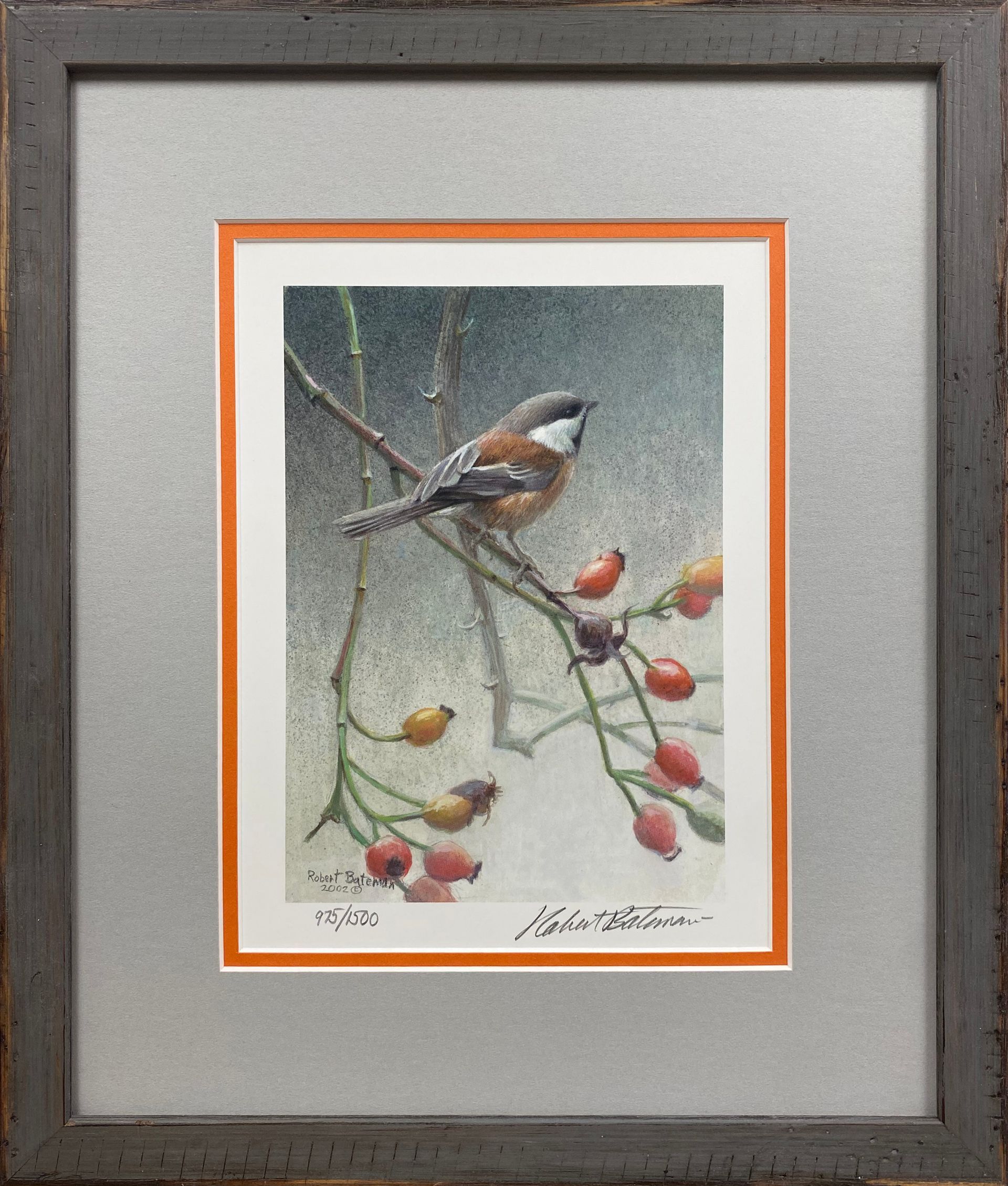 Framed painting of a bird on branches with red berries, bordered in orange and gray.