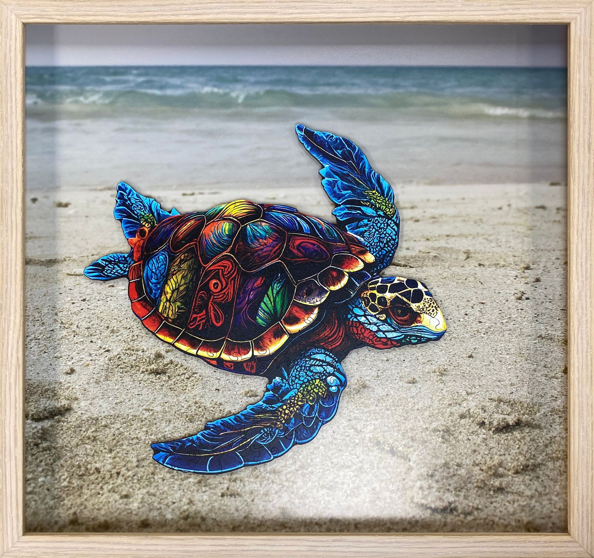 Colourful sea turtle canvas artwork in a natural wood frame