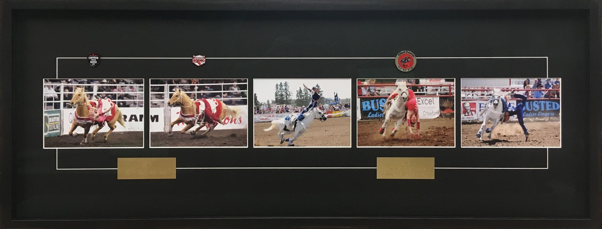 Four pictures of a rodeo in a black frame.