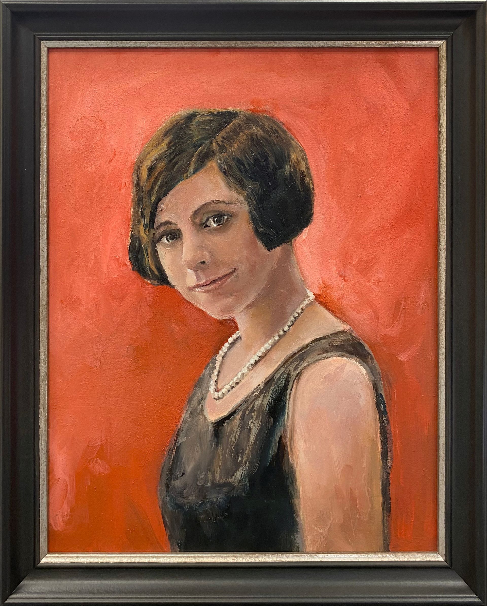 Vintage-style portrait painting of a woman against a coral background in a black frame