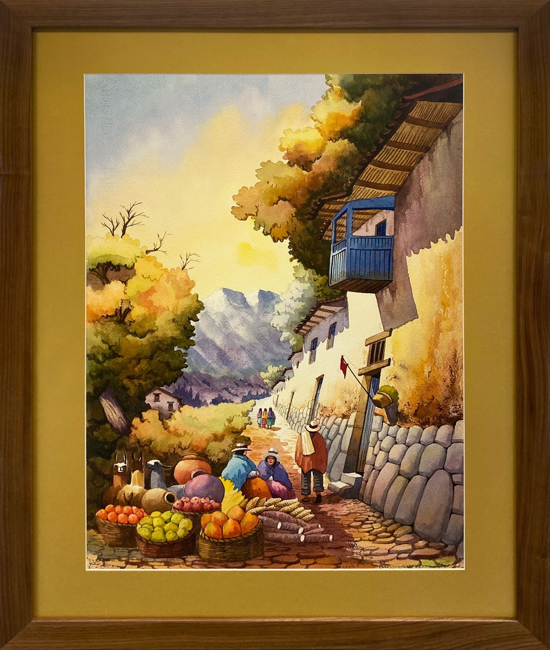 Framed countryside canvas painting featuring a rustic village and autumn landscape