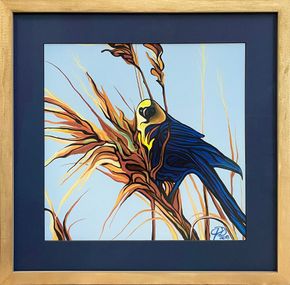 Stylized blue and yellow bird perched among tan reeds in a framed artwork