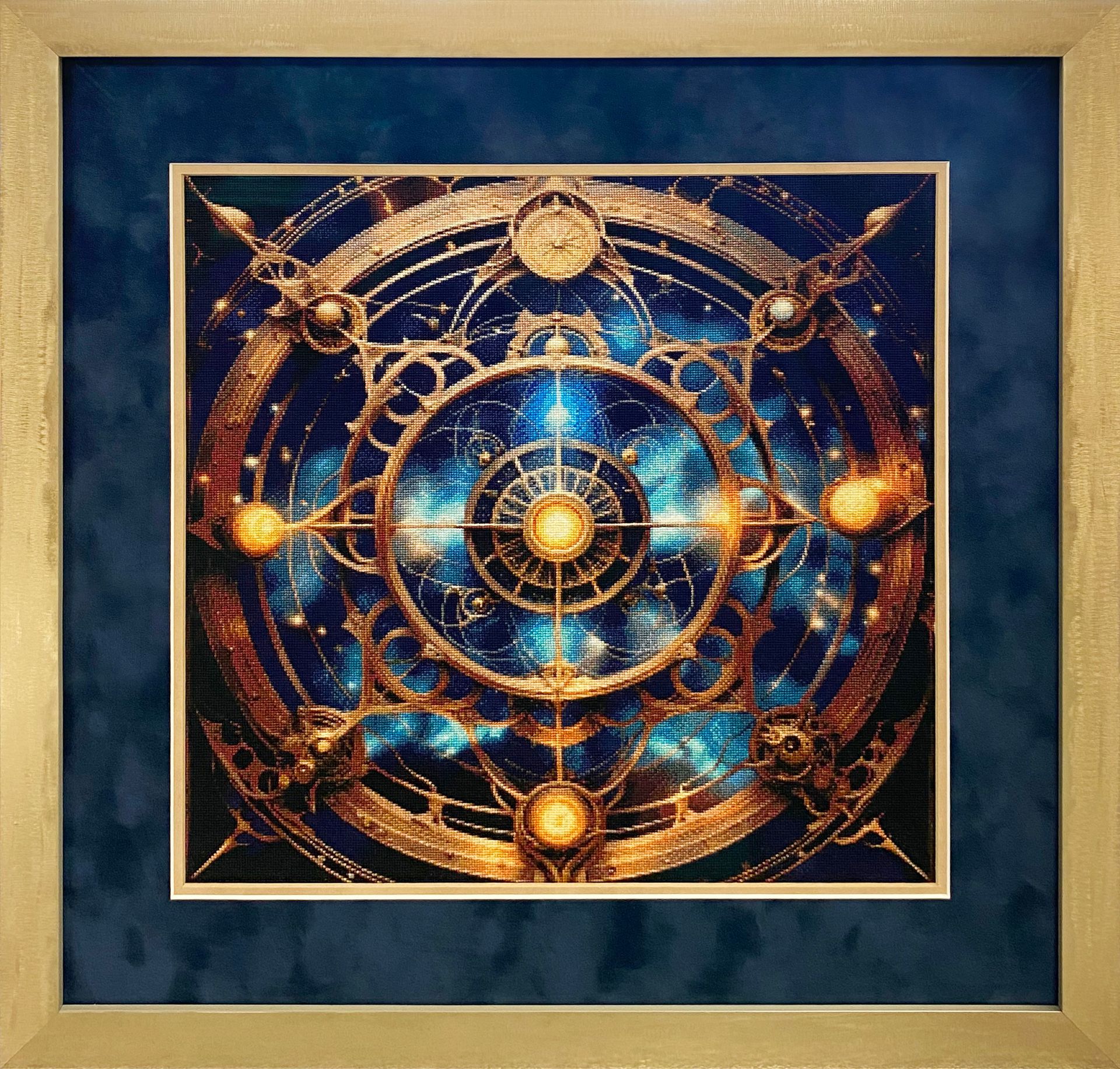 a gold framed photo of a gold gear