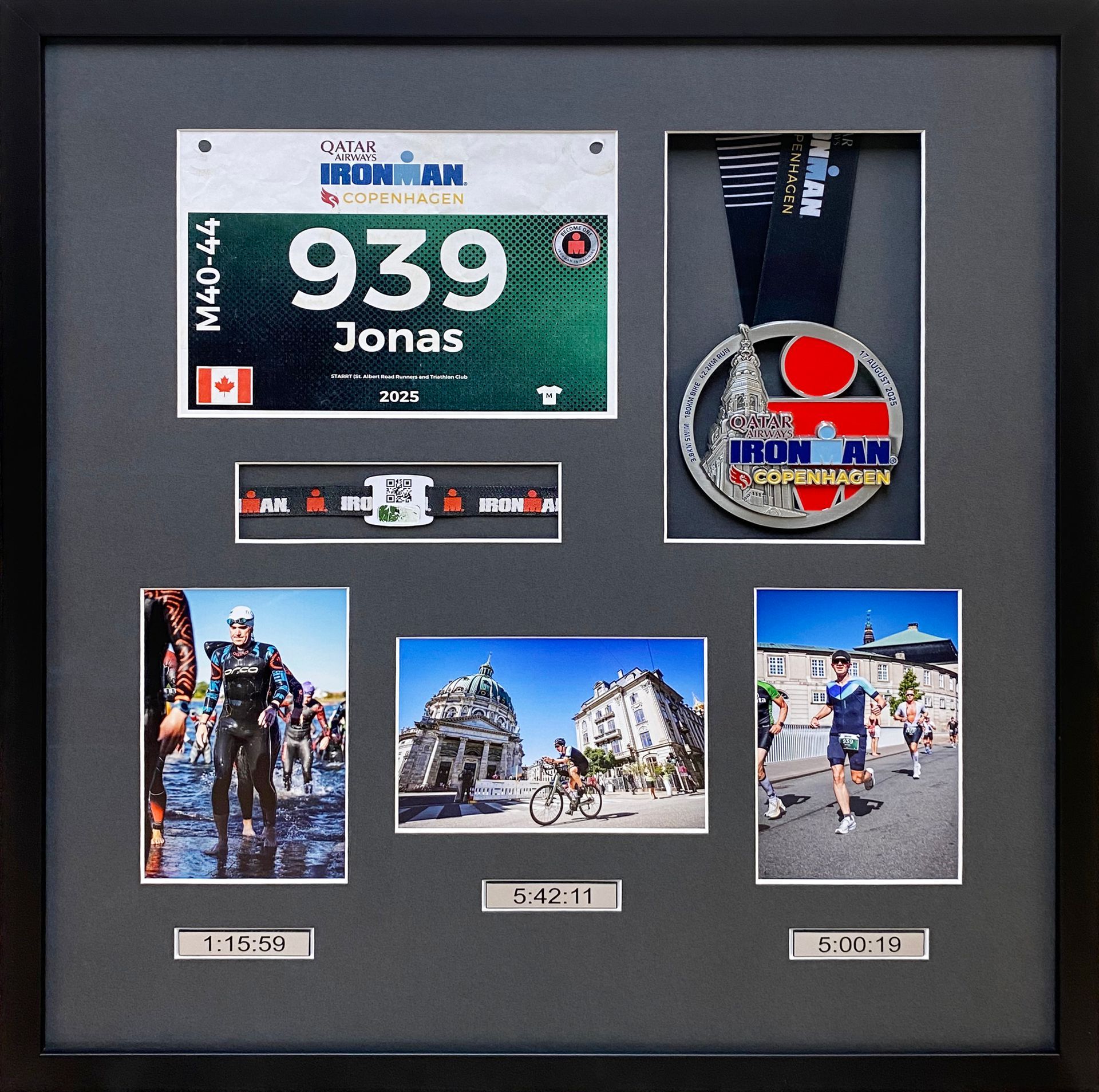 Ironman race bib, finisher medal and three event photos arranged in a black shadow box with a grey mat