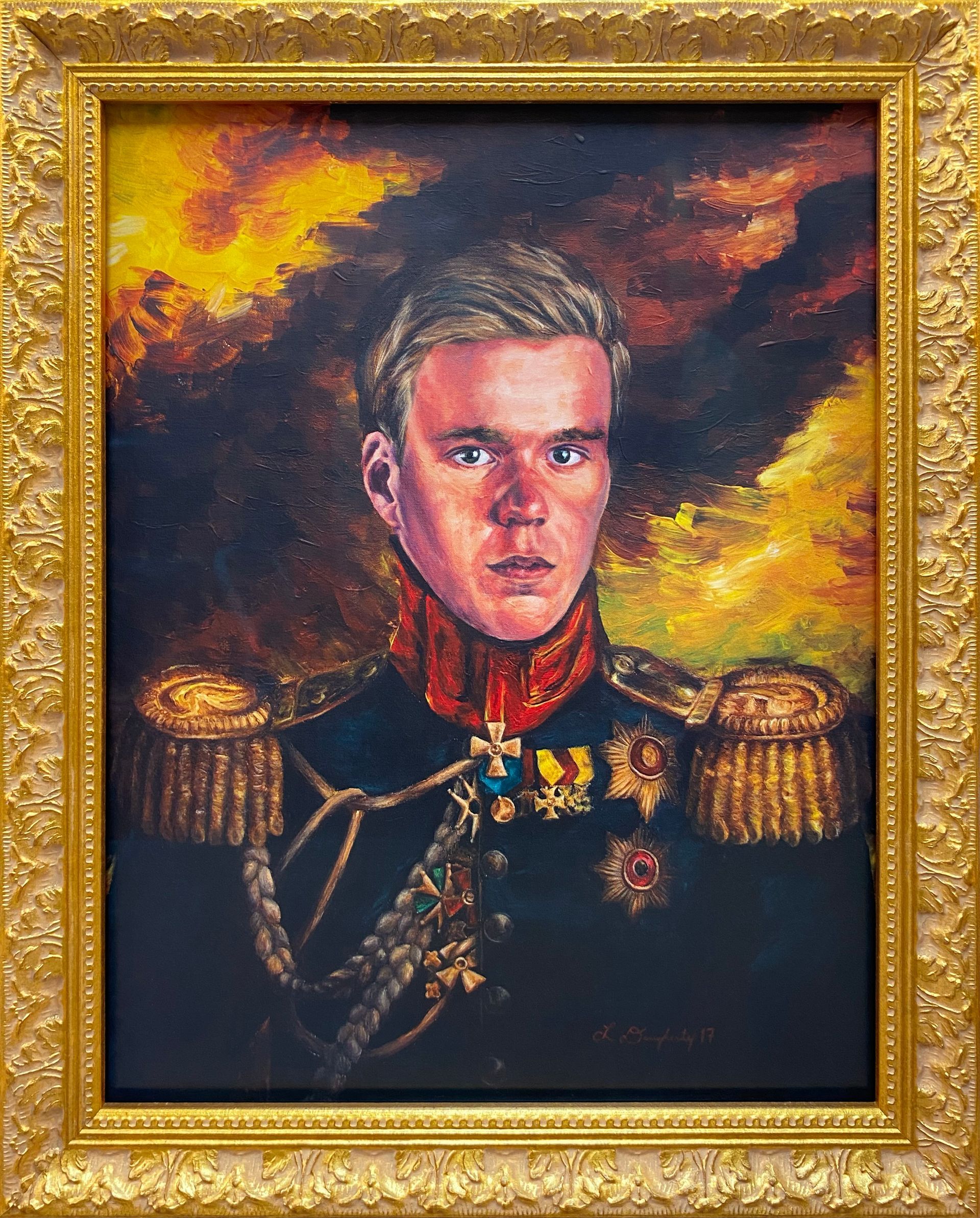 Traditional military portrait painting displayed in an ornate gold frame