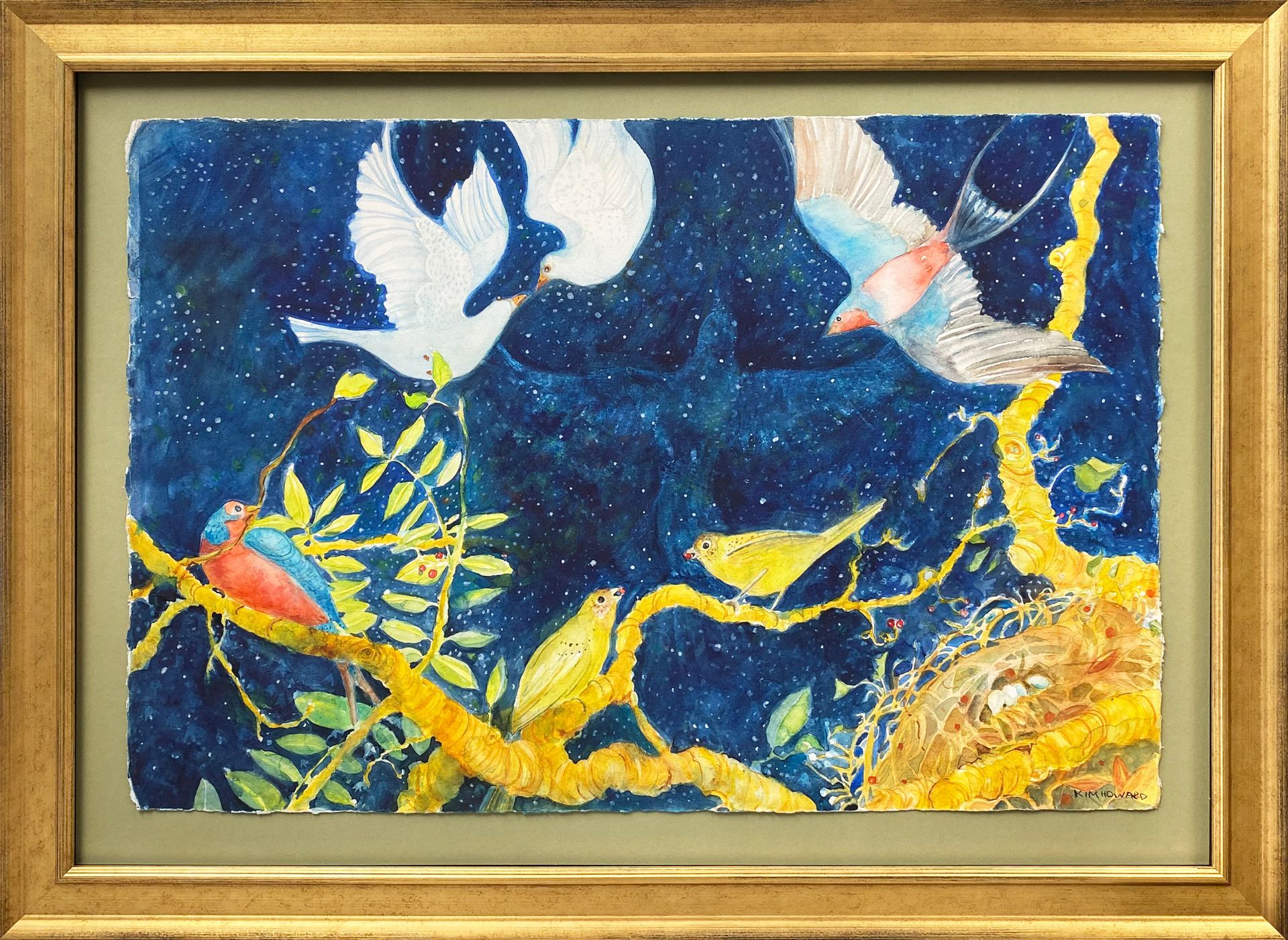 Vibrant underwater canvas artwork featuring tropical fish in a gold frame