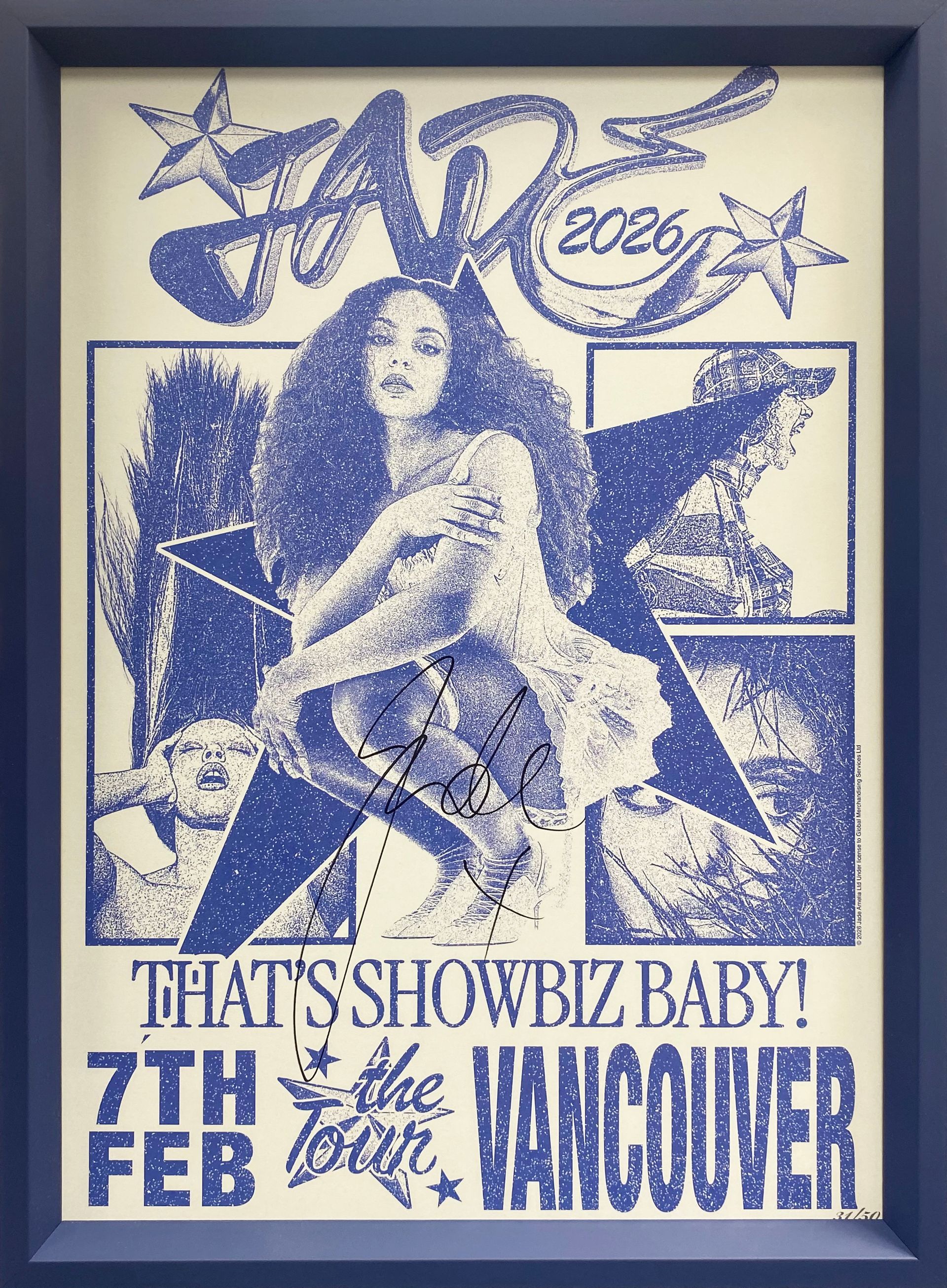 a blue and white old school poster