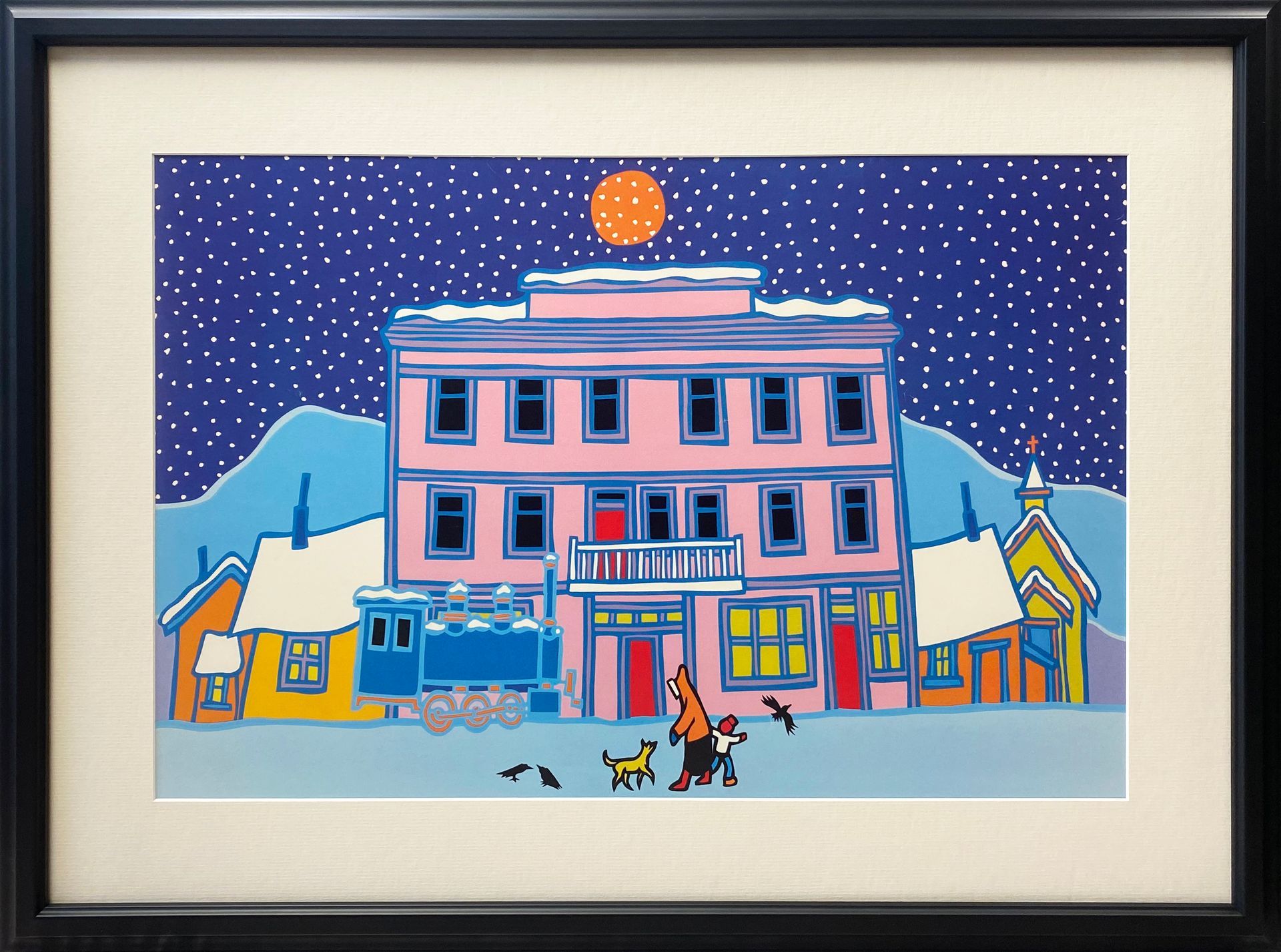 a pink hotel painting in brown frame