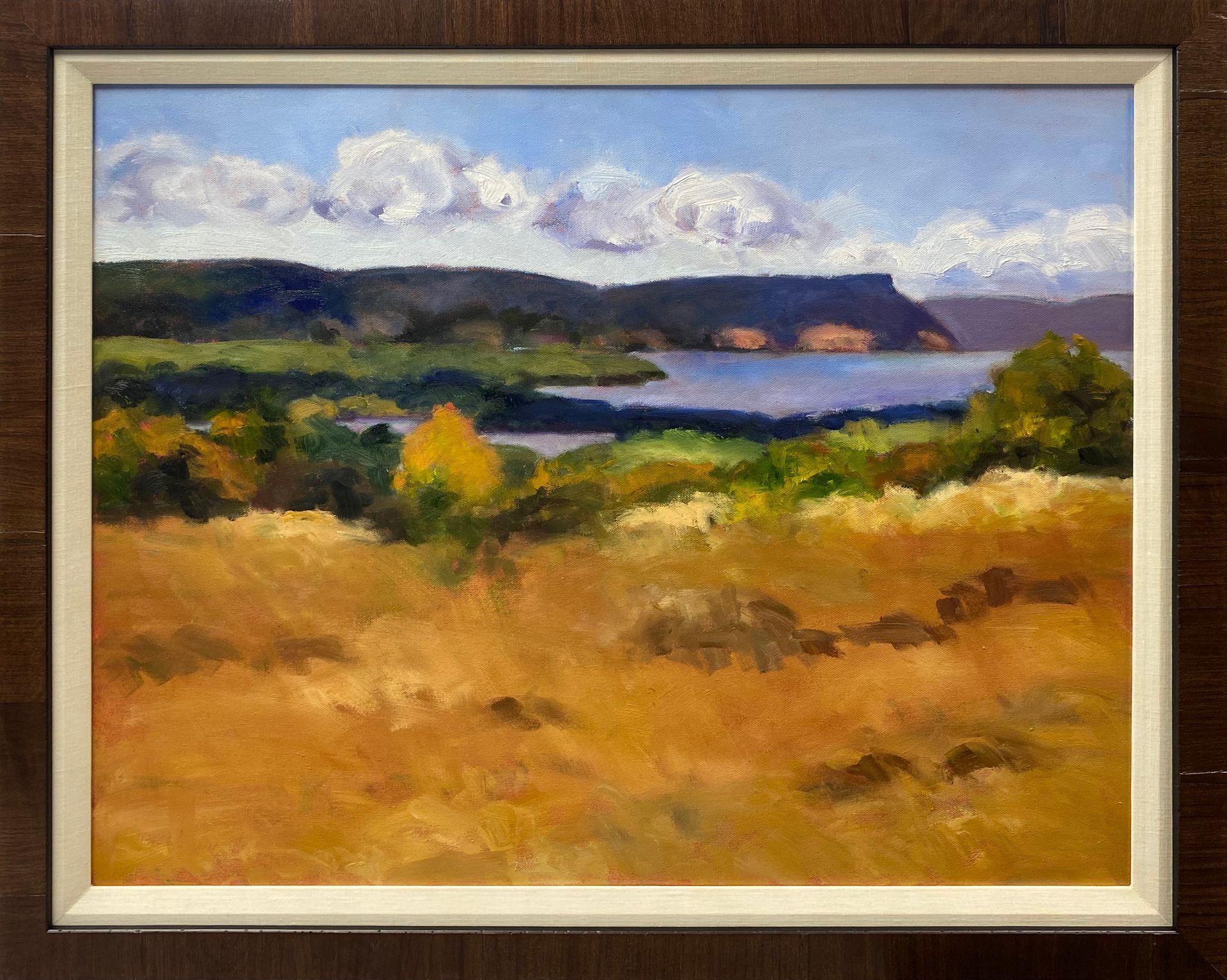 Framed landscape painting of golden grass, dark hills, blue water, and cloudy sky