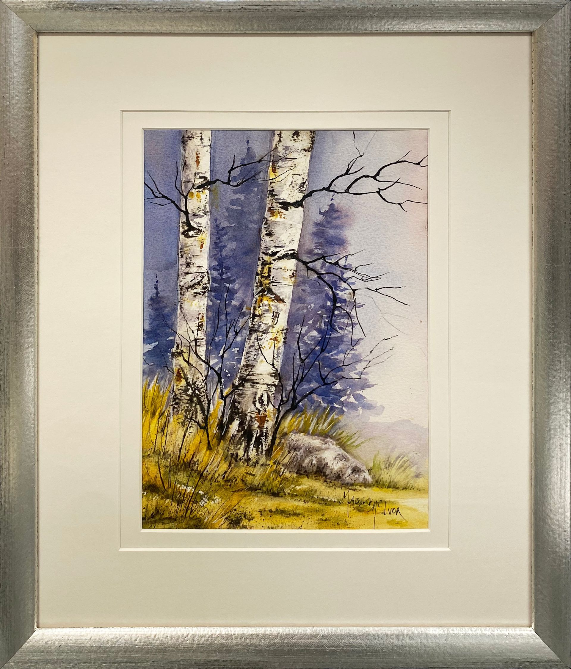 Watercolor painting of birch trees