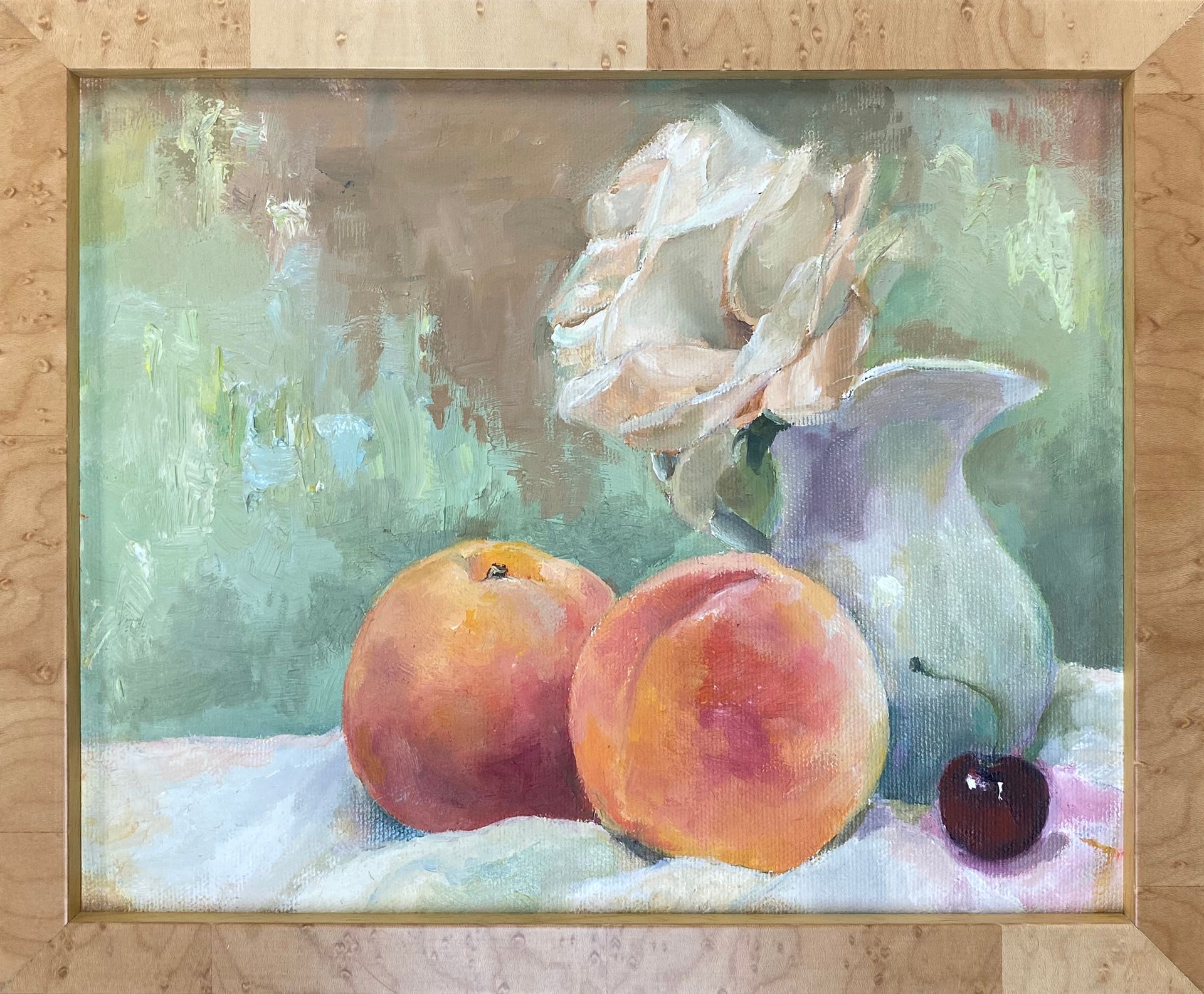 Still life canvas painting of peaches and flowers in a rustic wood frame