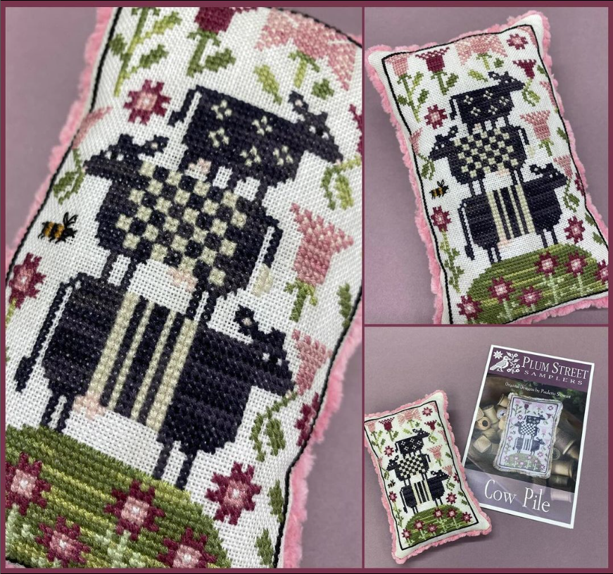 Cross-stitch cat design on pink fabric with floral border, shown in a collage with close-up and full pillow views