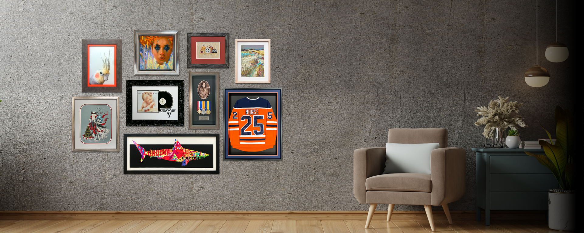 A Nurse jersey is on display with other custom frames.