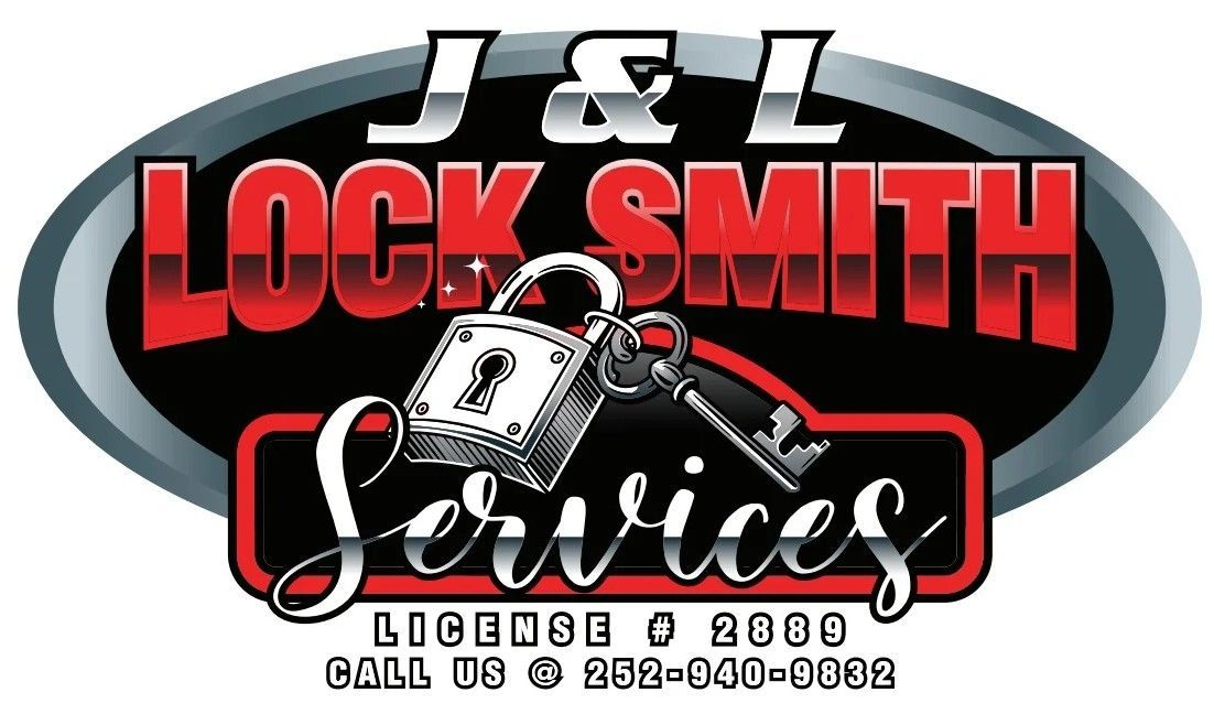 J&L Locksmith Services logo with red and black text, padlock and keys, established 2008