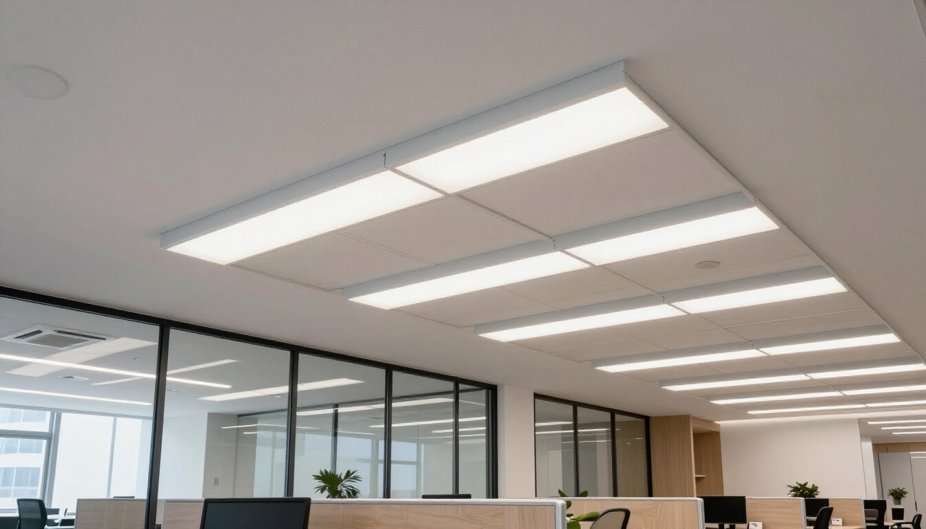 Modern office interior with fluorescent ceiling lights, glass partitions, and desks.
