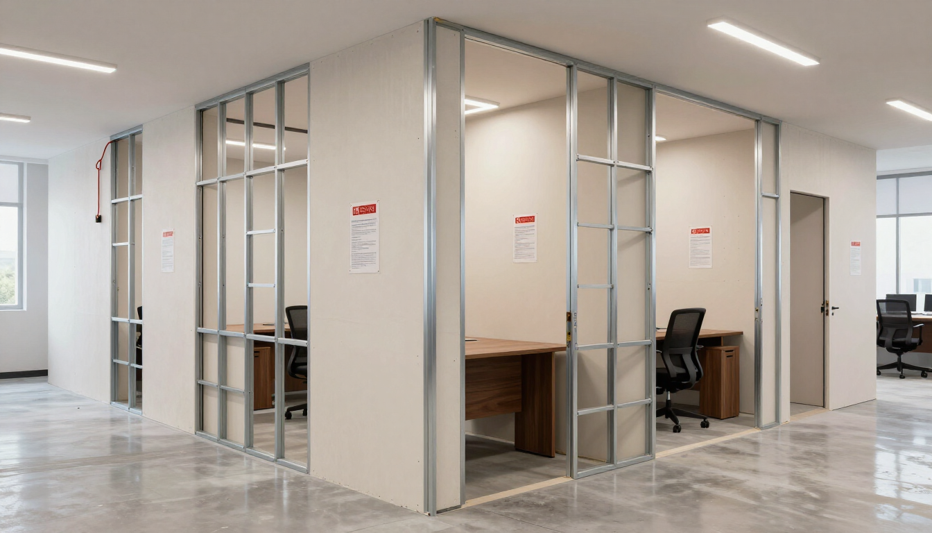 Open office cubicles with desks, chairs, and glass partitions in a bright hallway