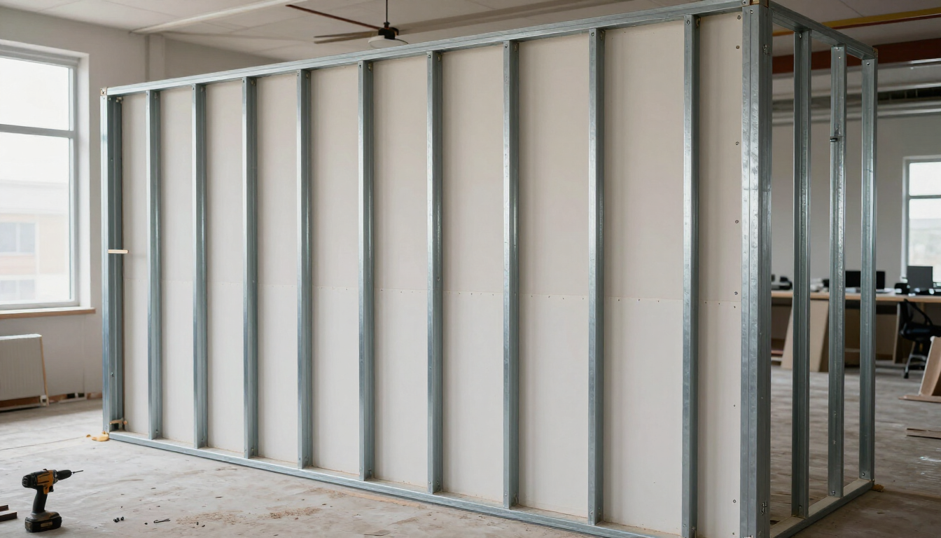 Interior room under construction with framed wall studs and unfinished drywall, viewed from the floor.