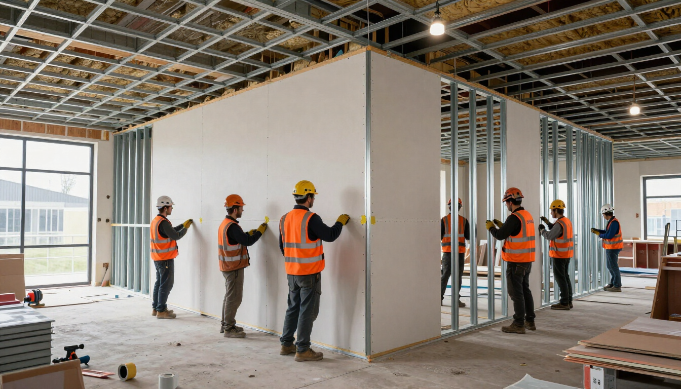 Construction workers installing drywall in an unfinished building interior