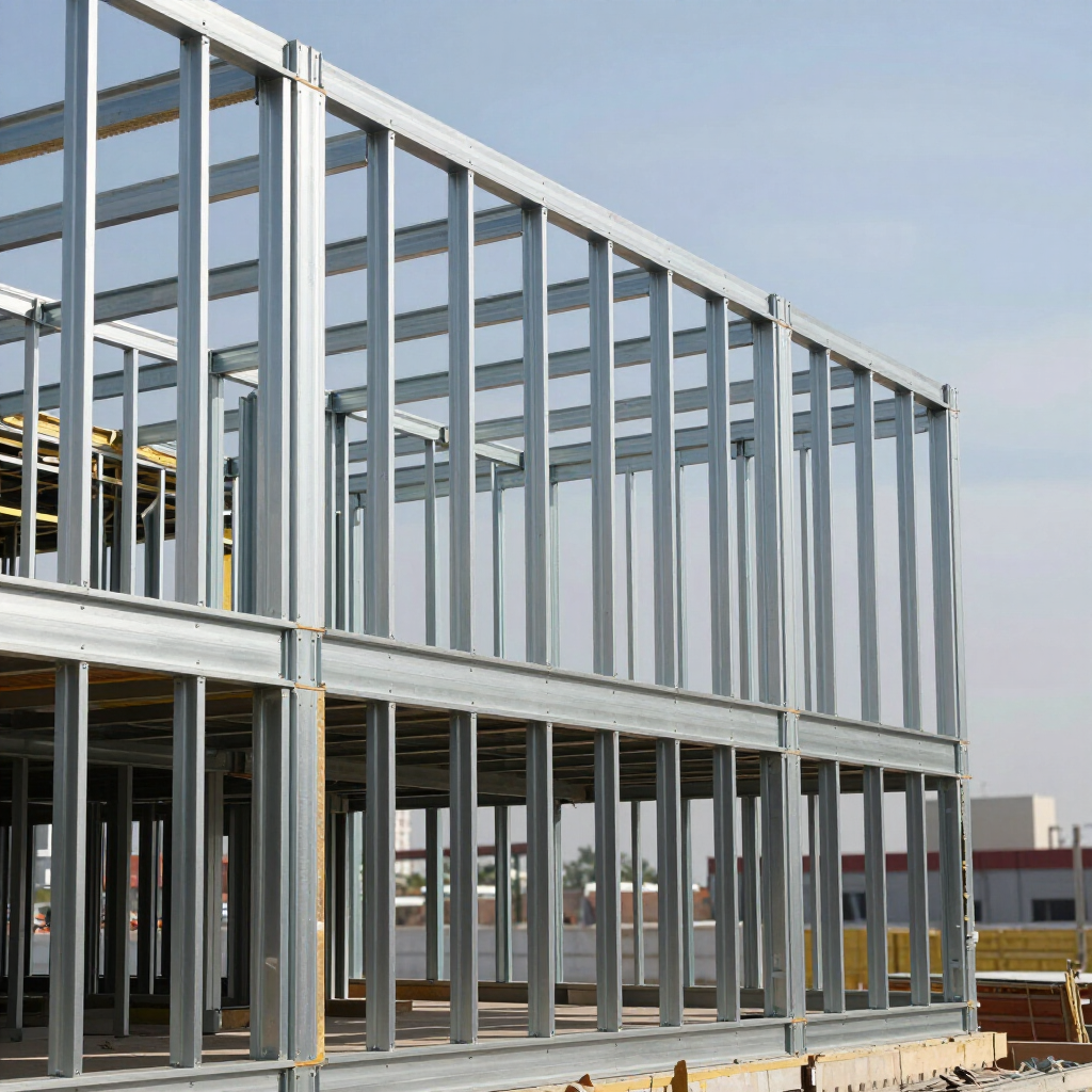 Steel-frame building under construction against a cloudy sky