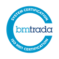 BMTRADA ISO 9001 certification logo in blue and white with circular text
