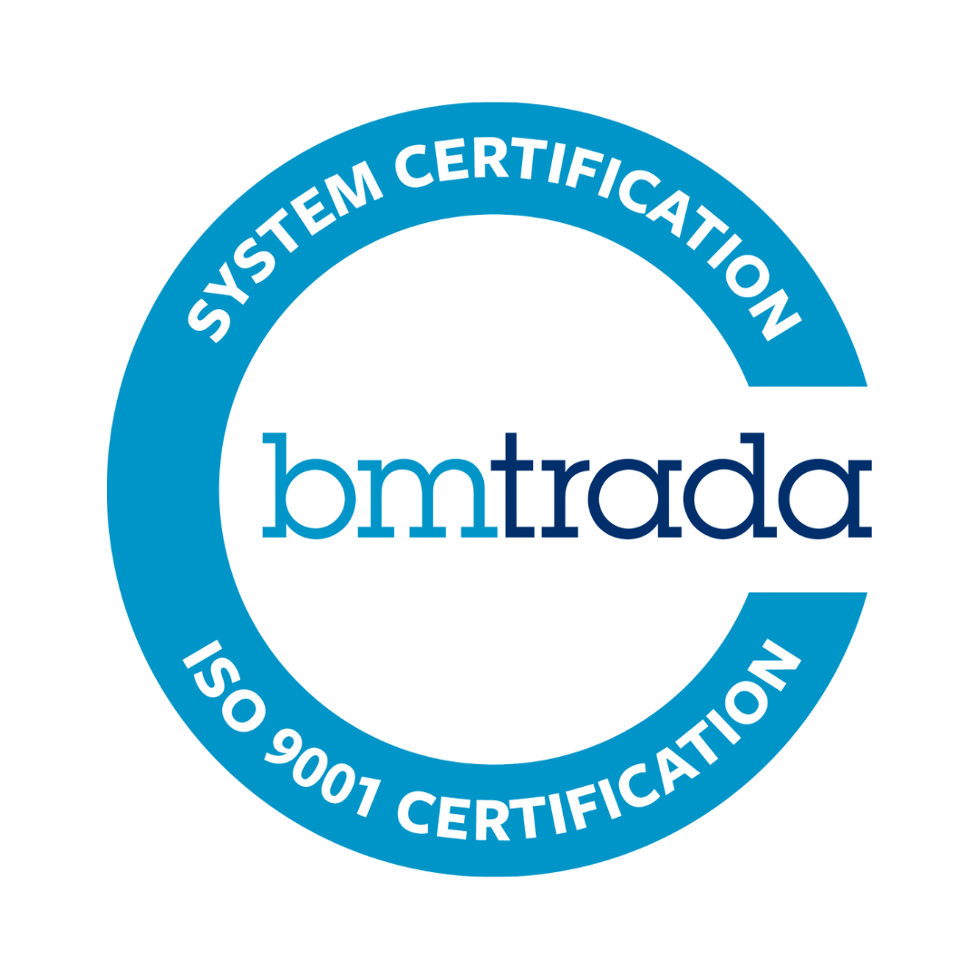 BMTRADA ISO 9001 certification logo in blue and white with circular text