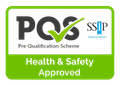PQS Health & Safety Approved logo on white and green sign with SSIP mark