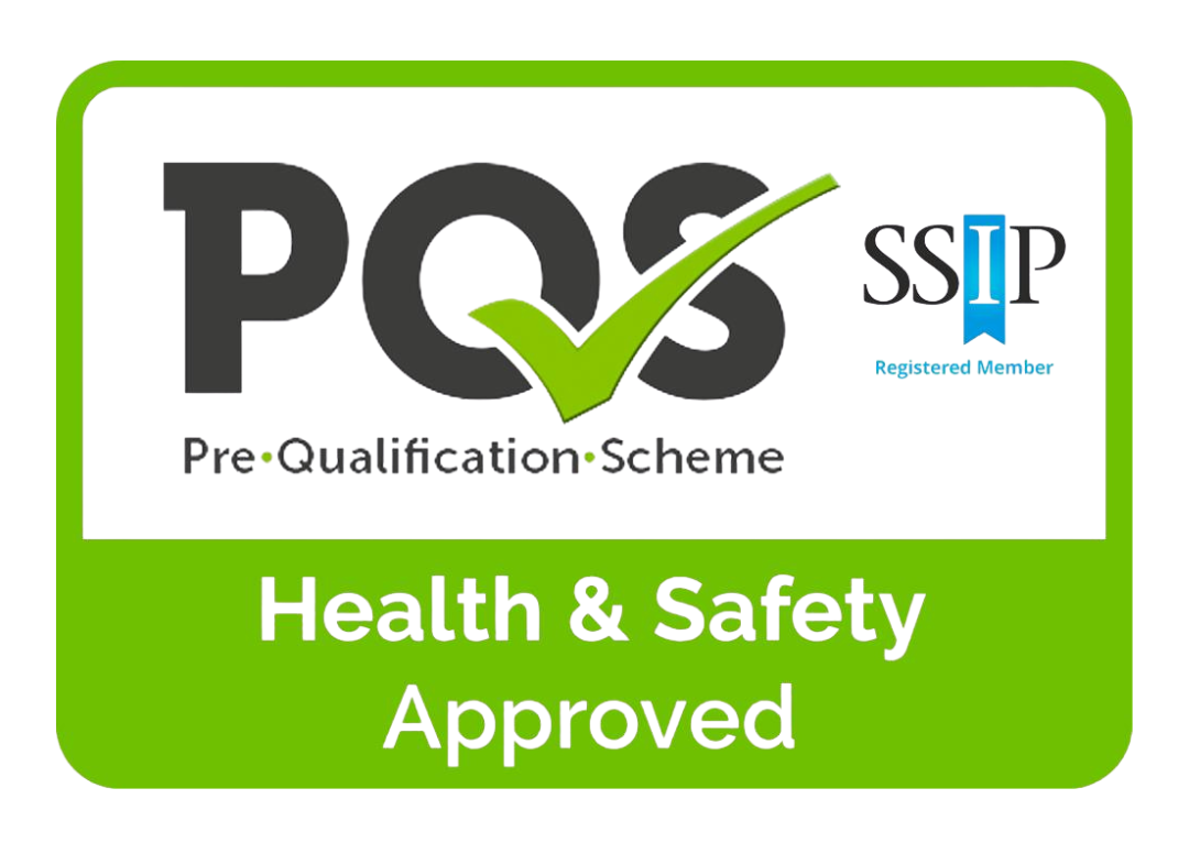 PQS Health & Safety Approved logo on white and green sign with SSIP mark