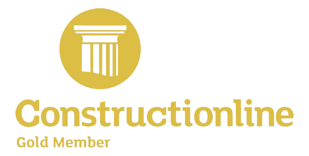 Constructionline Gold Member logo in gold and white with a classical column icon
