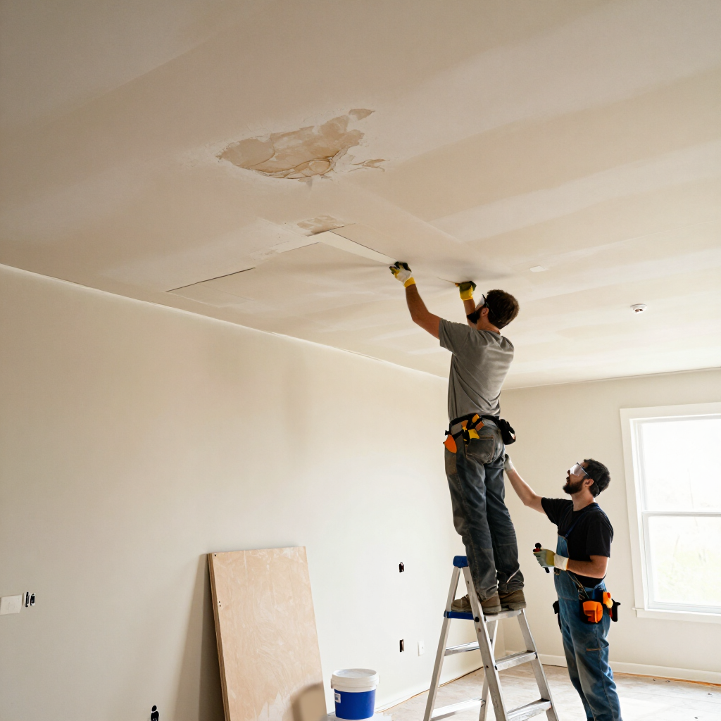 Two workers patching and painting a ceiling in a bright room with a ladder and tools