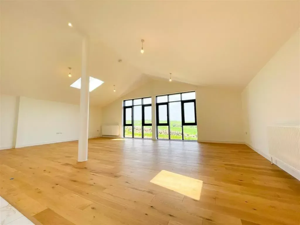 Spacious empty room with wooden floors, white walls, and large black-framed windows letting in daylight
