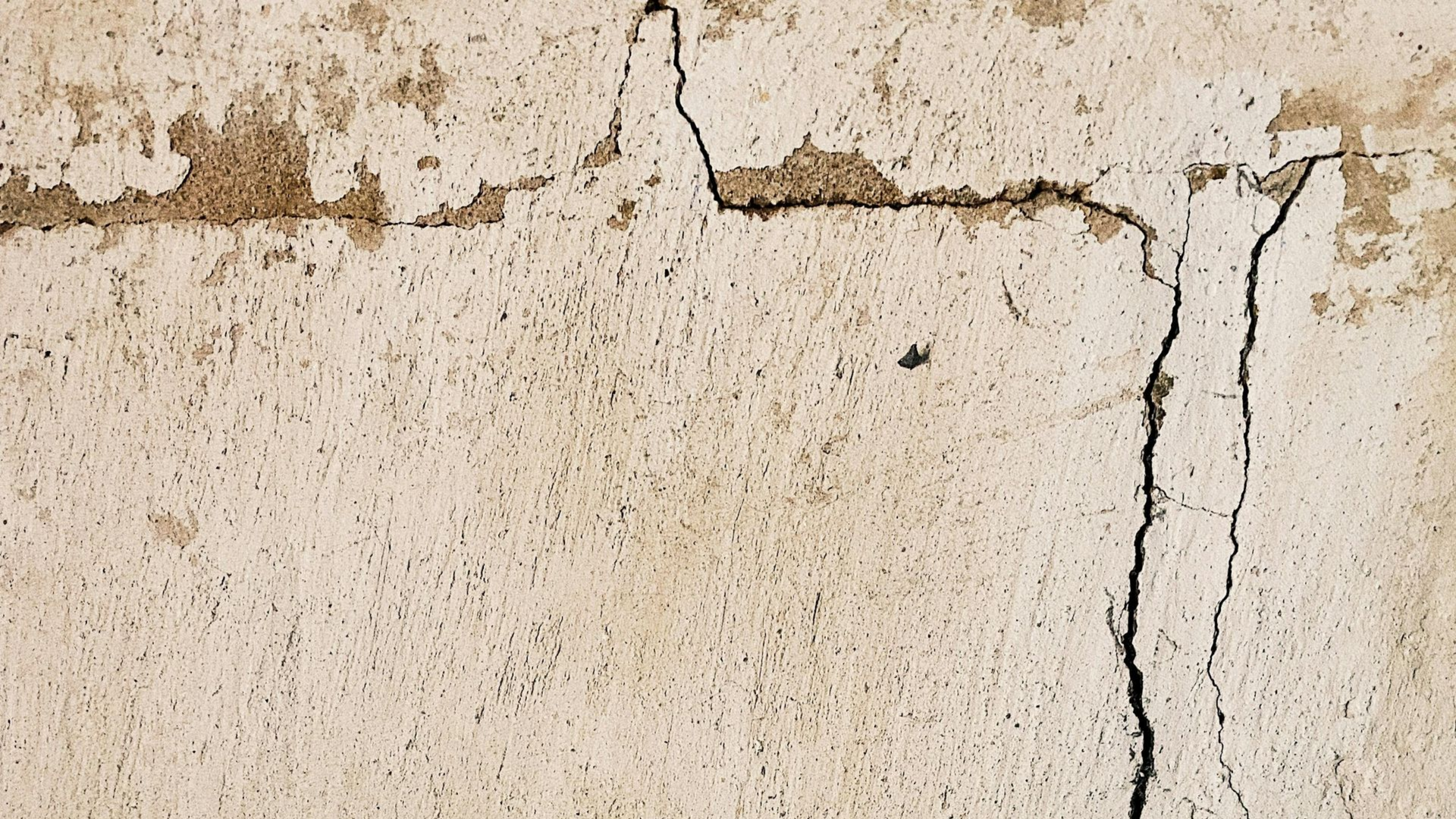Cracked concrete wall, off-white with brown patches. Vertical and horizontal cracks across the surface.