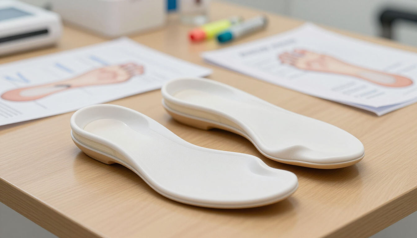 Pair of professional custom orthotic inserts for foot support.