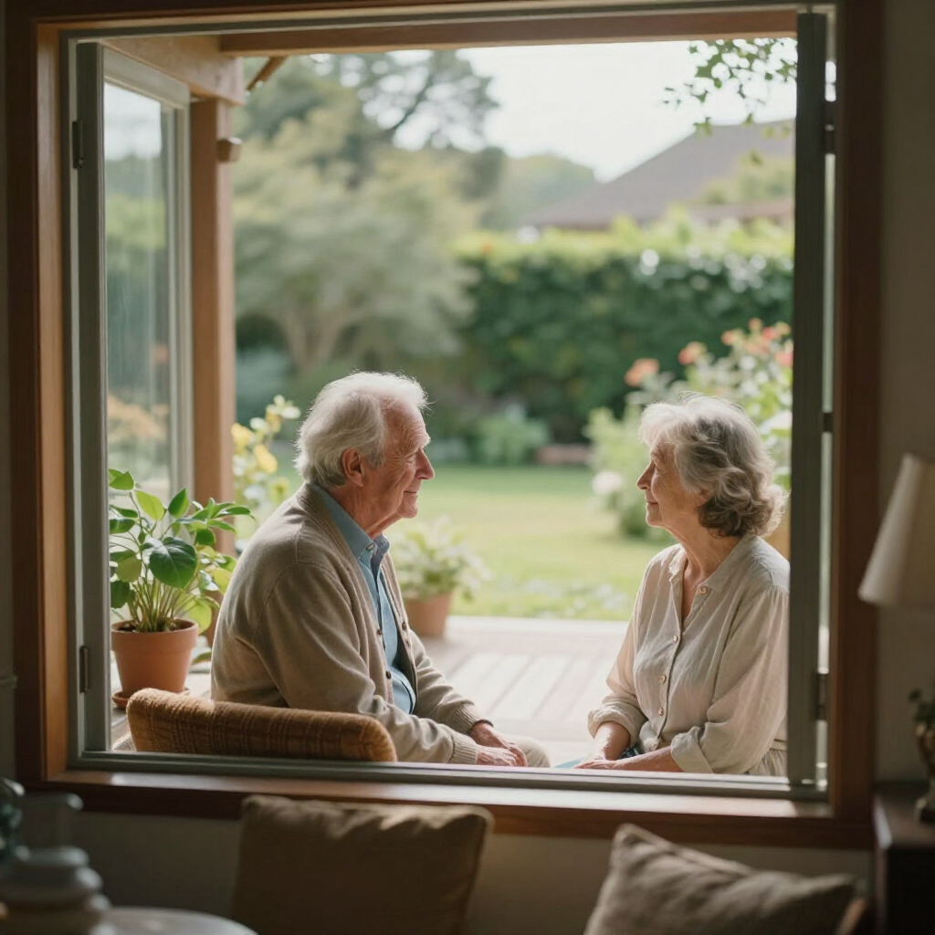 Two people sit and talk by an open window, with a garden view in the background.