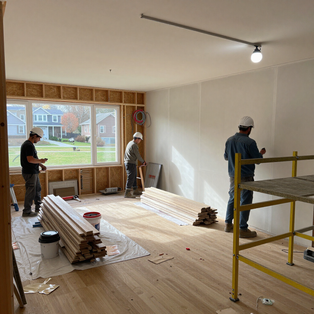 Workers renovating a room with exposed framing, drywall, lumber stacks, and a yellow scaffold.