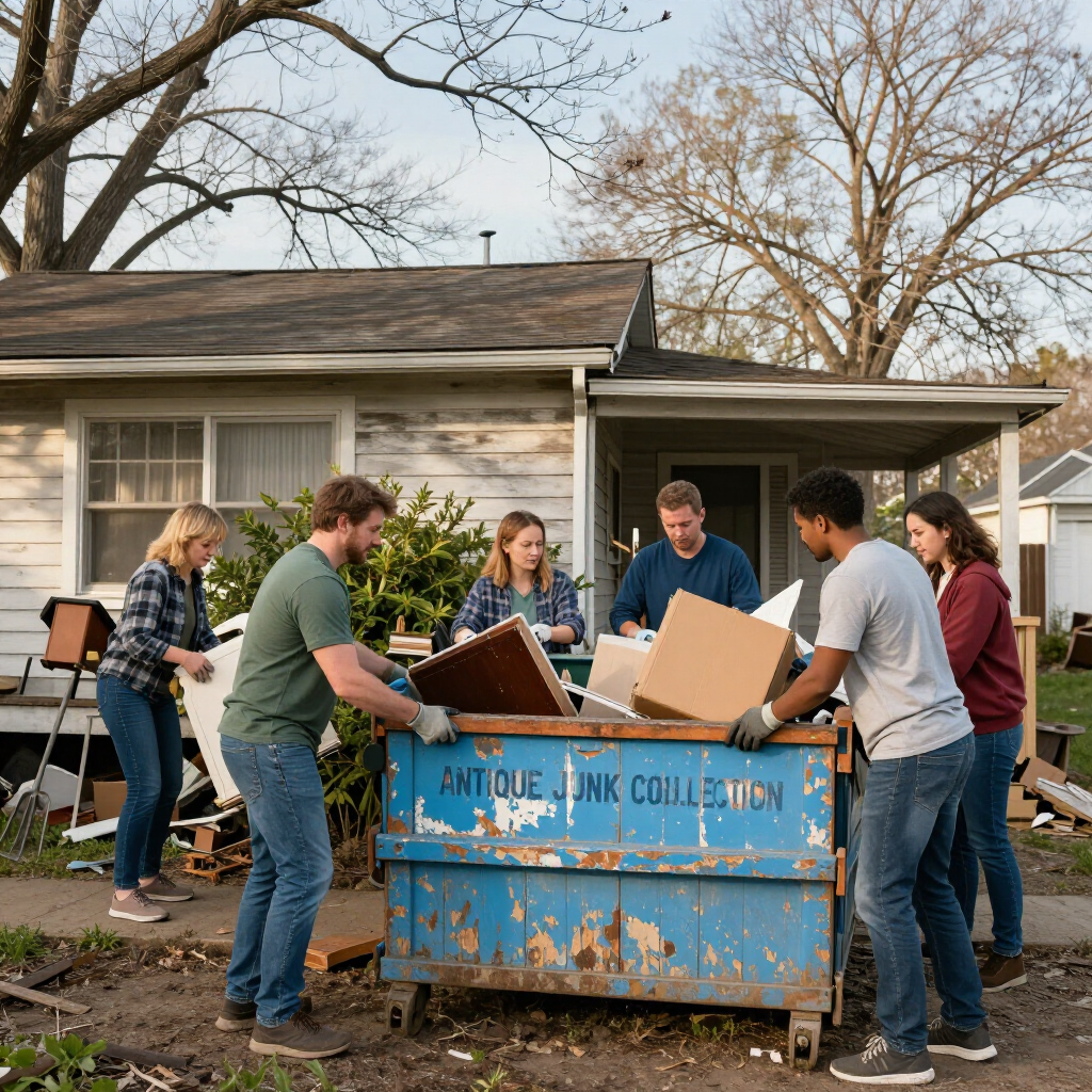 Neighbors loading boxes into a blue junk removal dumpster in front of a house