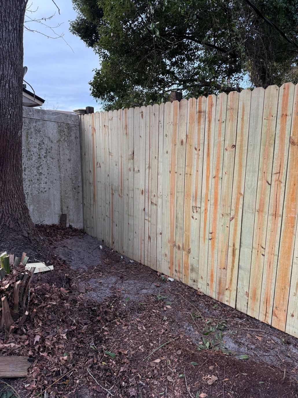 Wooden privacy fence beside a gravel path, with a stone wall and trees overhead.