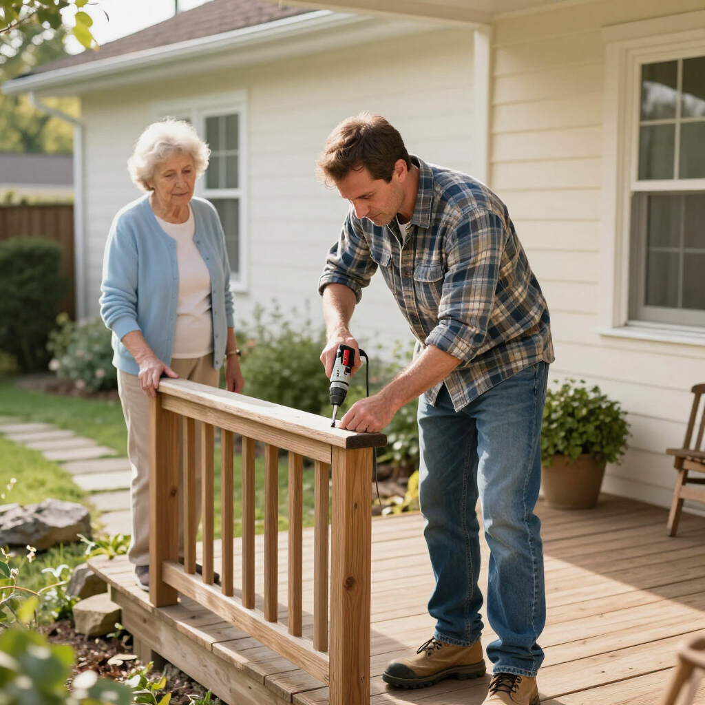 Two people assembling a wooden porch railing outside a house