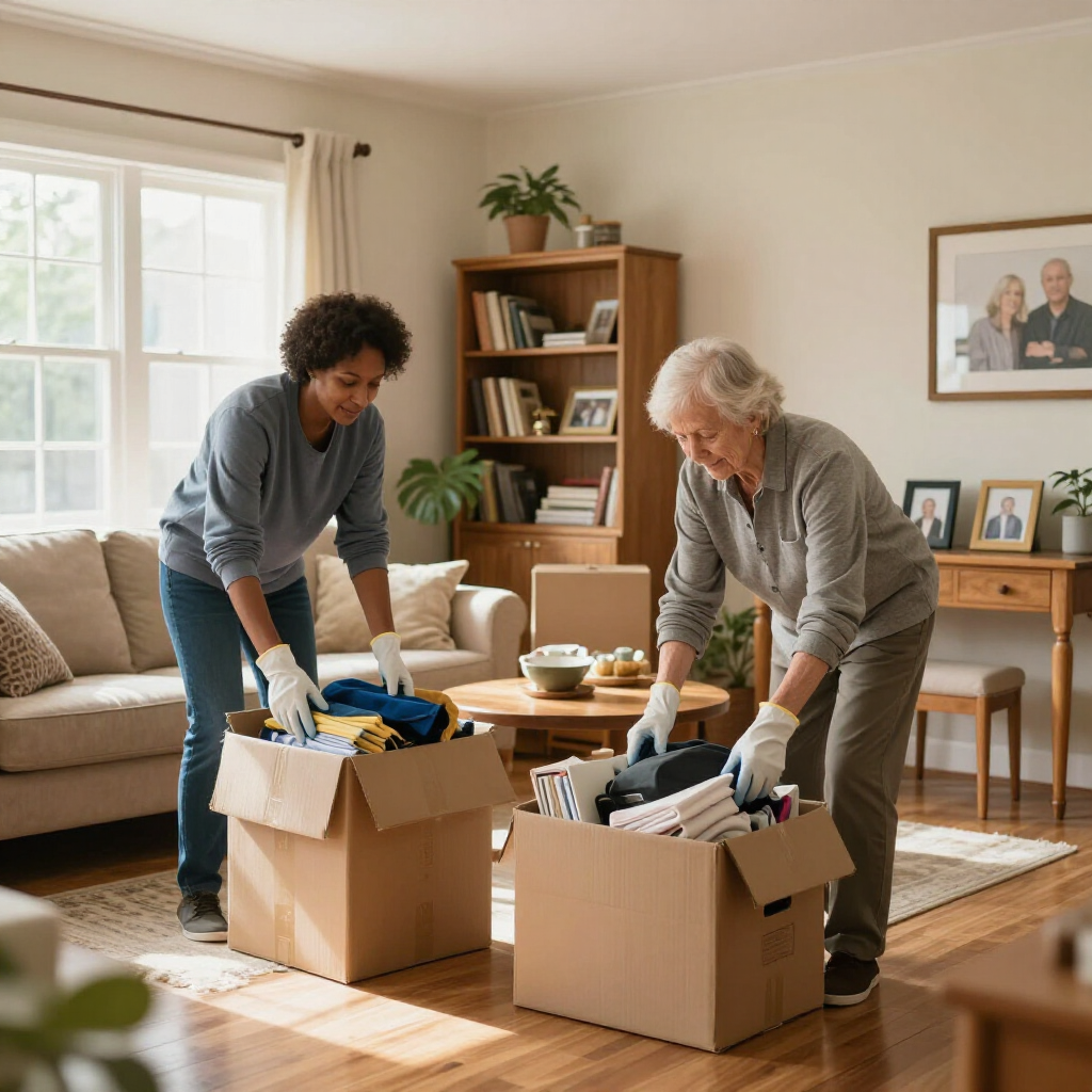 Two people unpacking boxes in a bright living room with bookshelves and a sofa