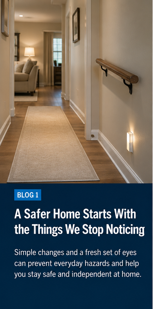 Hallway with beige carpet, wood handrail, and ad about safer homes in the lower left corner