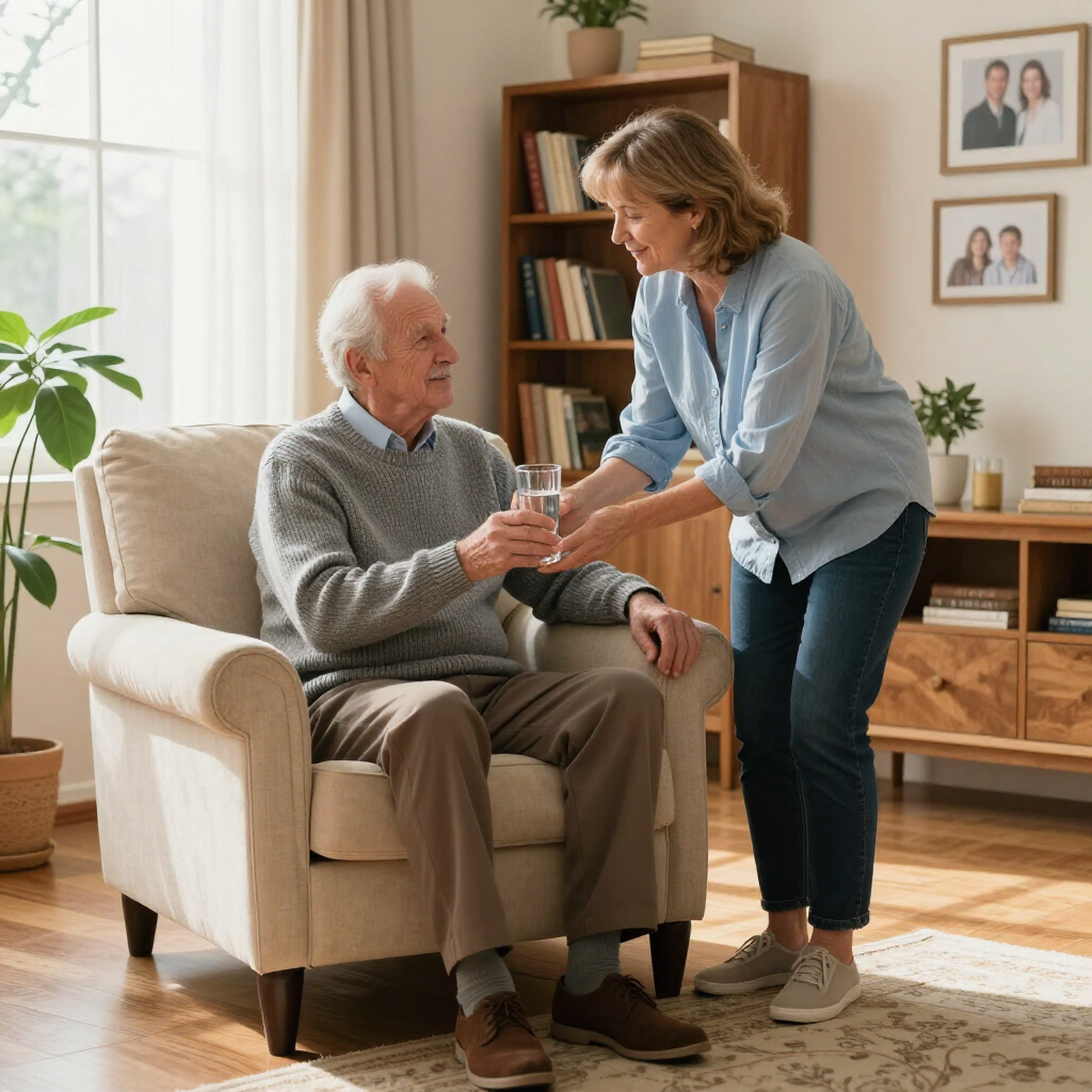 Elderly man in a living room receives help from a caregiver while seated in an armchair.