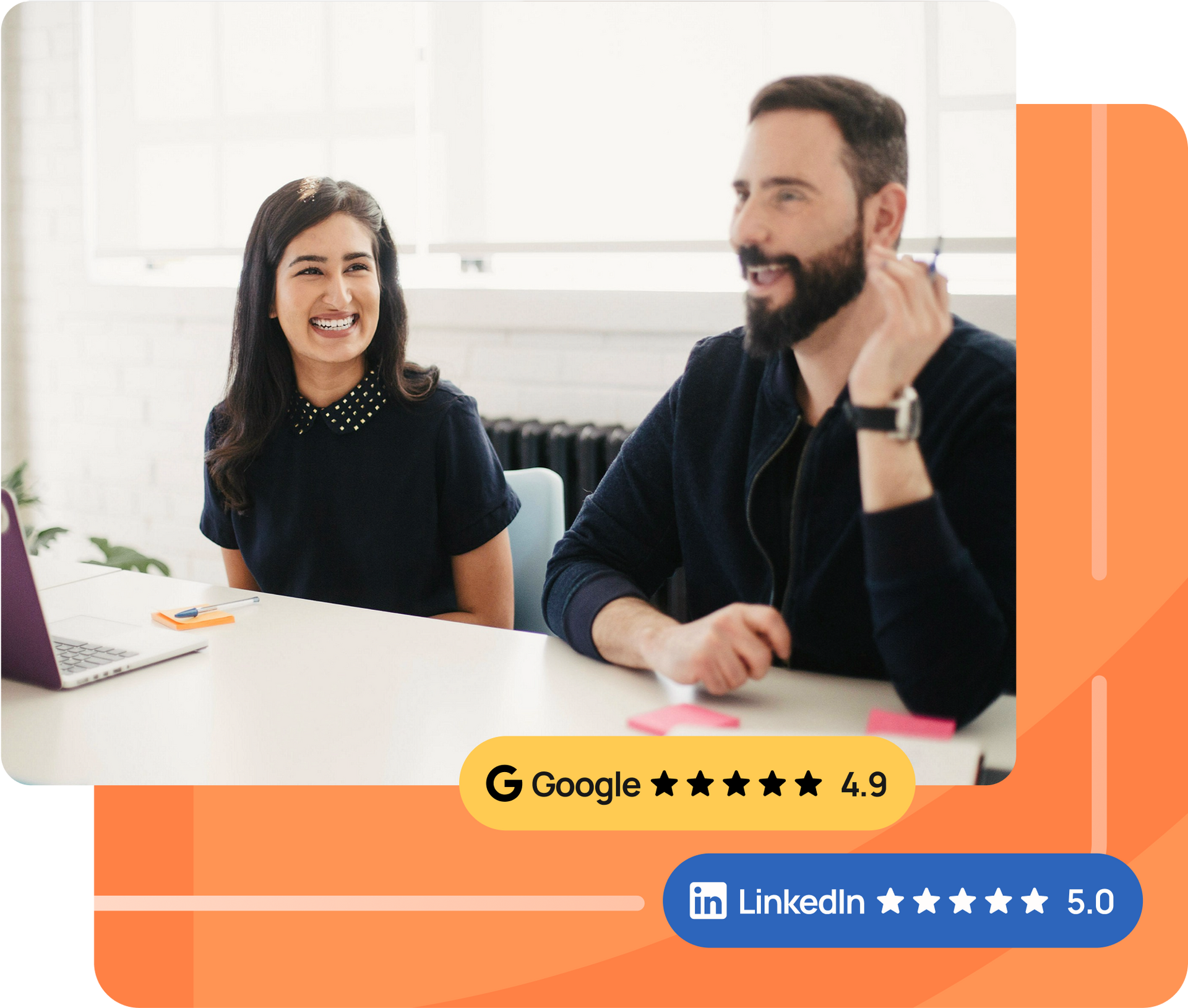 Two coworkers smiling at a desk, with Google and LinkedIn rating badges below.