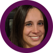 A woman is smiling in a purple circle
