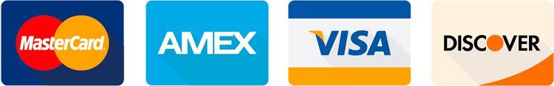 Logos for Mastercard, AMEX, Visa, and Discover credit cards.