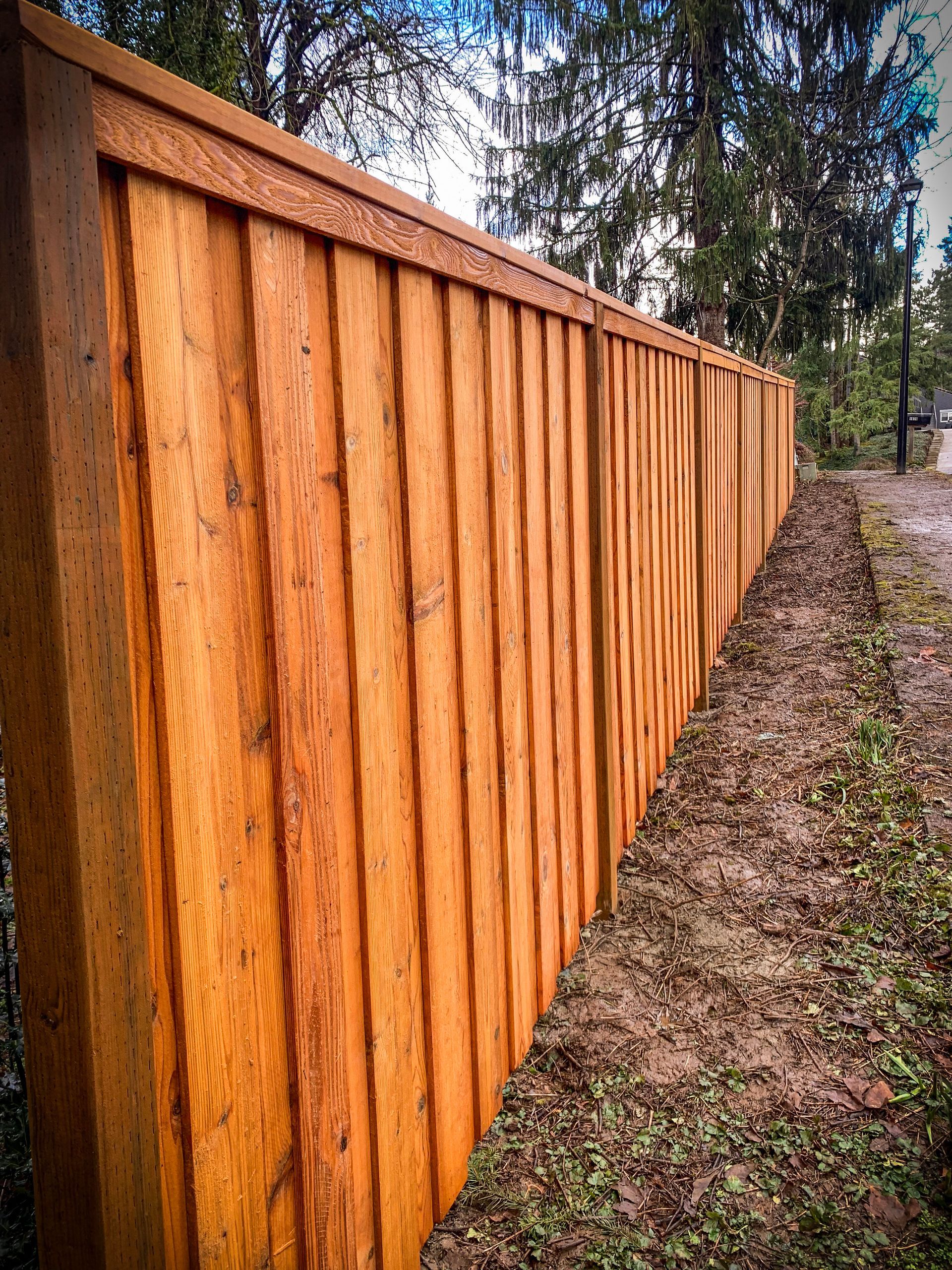 Wooden fence, vertical planks, natural wood color, in a yard with dirt and greenery.