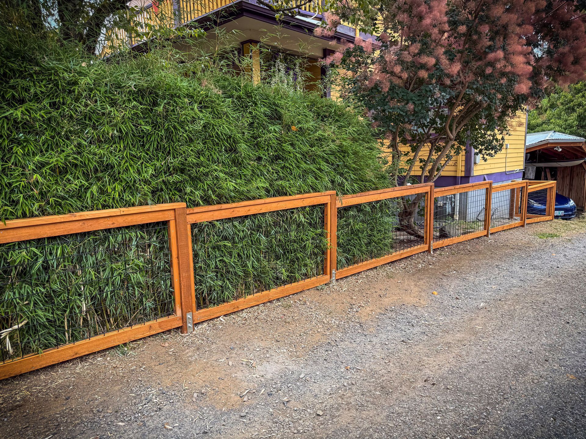 Wooden fence with wire mesh in front of greenery and a yellow house.