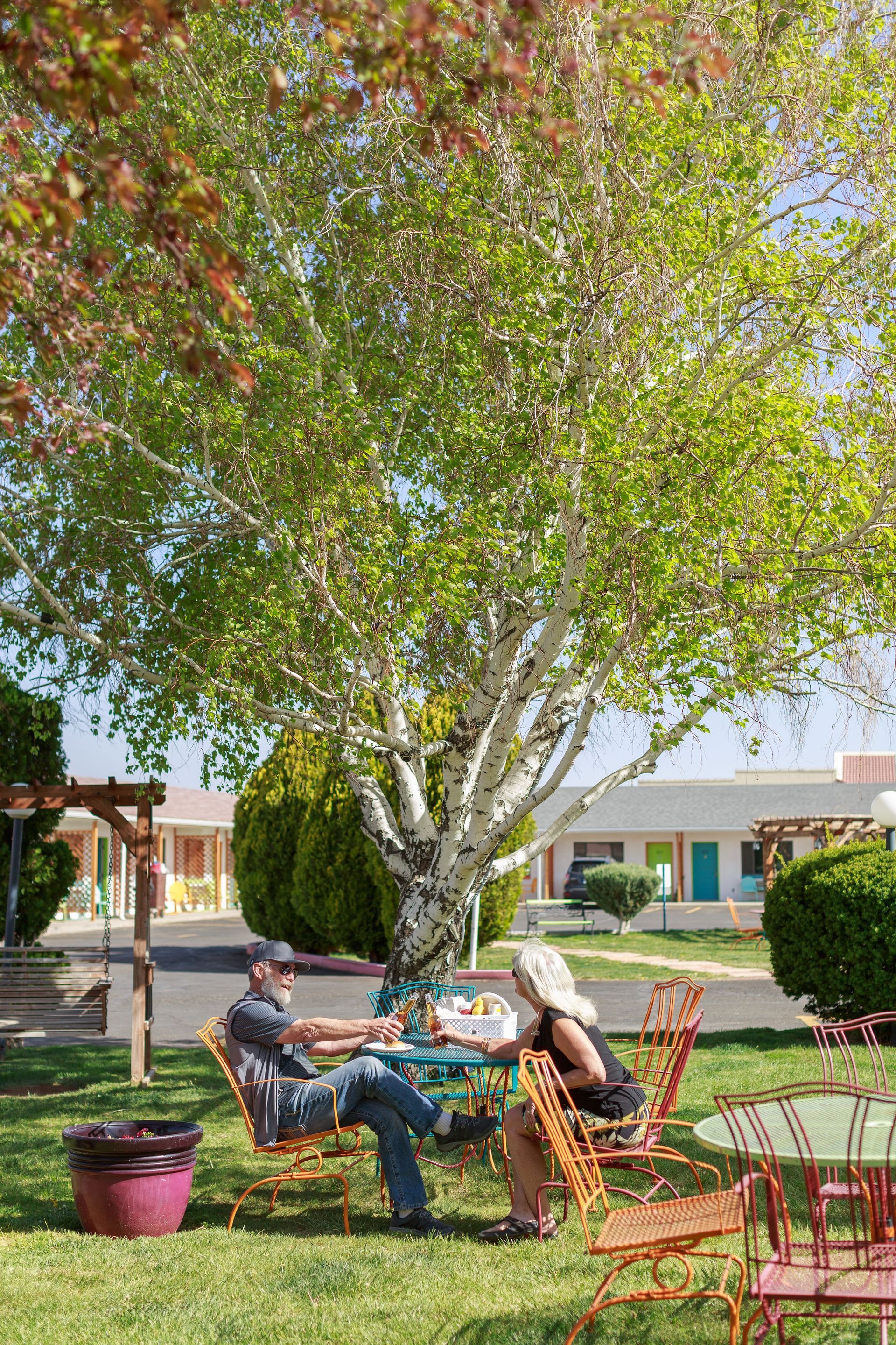 Couple seated at a table under a tree, enjoying drinks. Outdoor patio with colorful buildings in the background.