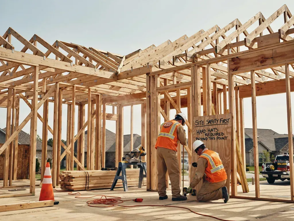 Construction workers frame a house, with wooden trusses, orange safety vests, and traffic cones on site.