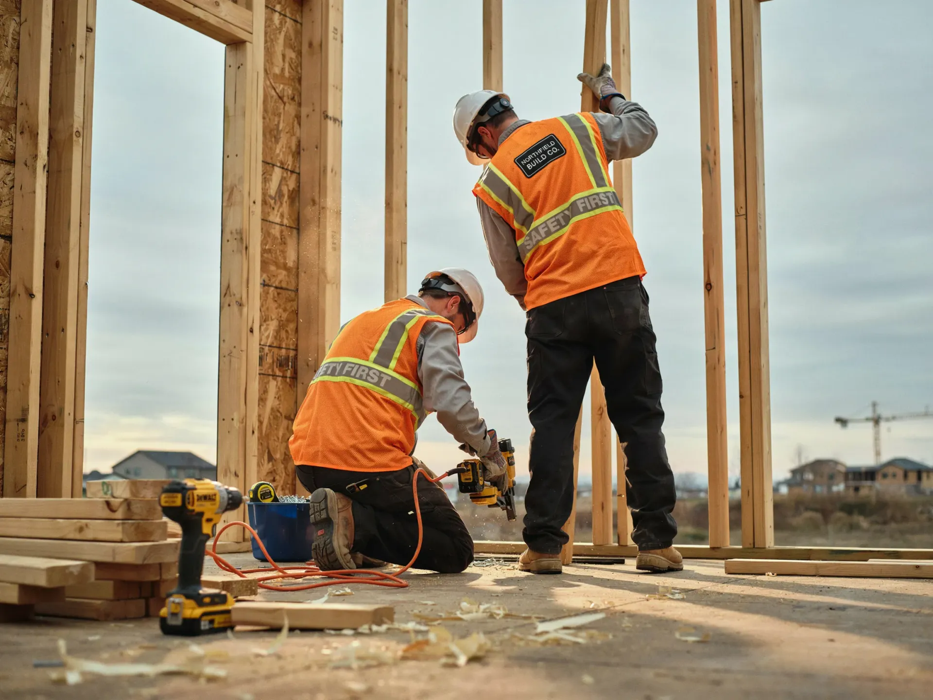 Two construction workers in orange vests framing a wooden building on a site outdoors