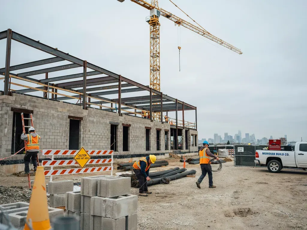 Construction site with workers in orange vests beside a building frame and crane.
