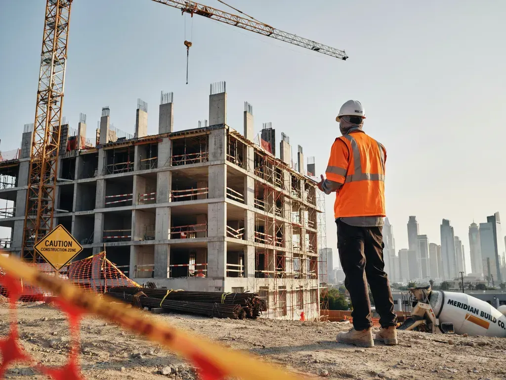 Construction worker in orange vest overseeing a high-rise building site with cranes and city skyline.
